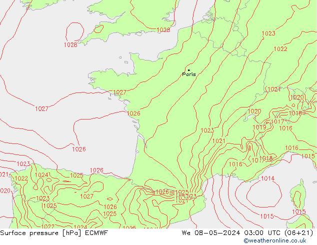 Bodendruck ECMWF Mi 08.05.2024 03 UTC