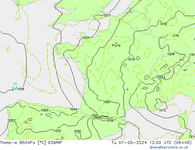 Theta-e 850hPa ECMWF Di 07.05.2024 12 UTC
