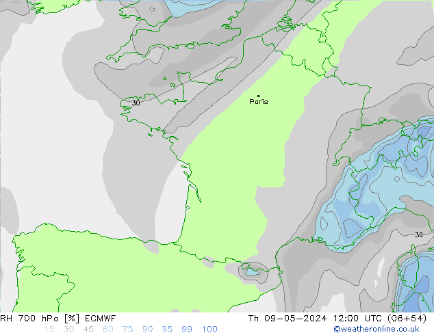 Humidité rel. 700 hPa ECMWF jeu 09.05.2024 12 UTC