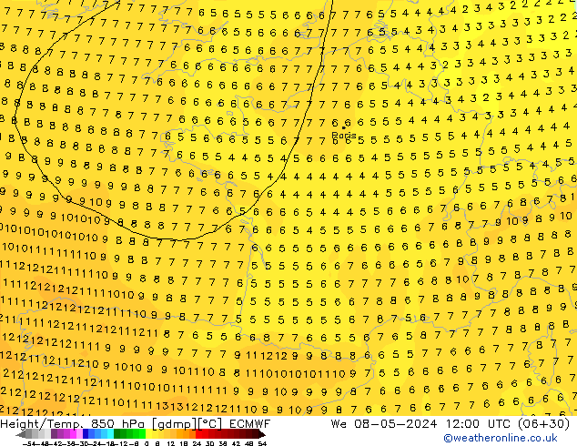 Z500/Rain (+SLP)/Z850 ECMWF mer 08.05.2024 12 UTC