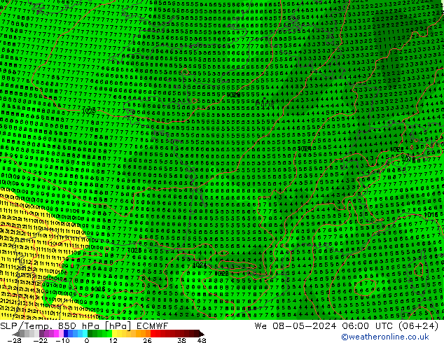 SLP/Temp. 850 hPa ECMWF śro. 08.05.2024 06 UTC