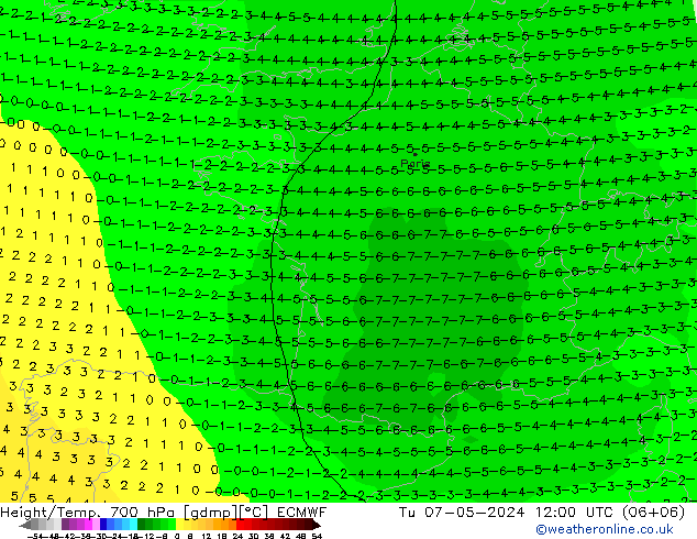 Height/Temp. 700 hPa ECMWF Di 07.05.2024 12 UTC