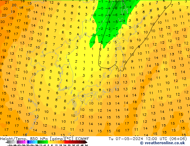 Z500/Rain (+SLP)/Z850 ECMWF wto. 07.05.2024 12 UTC