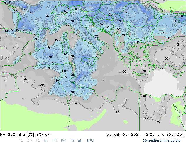 RH 850 hPa ECMWF śro. 08.05.2024 12 UTC