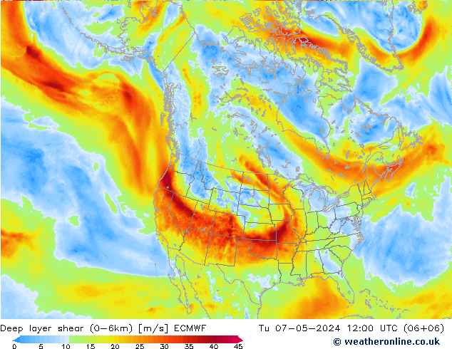 Deep layer shear (0-6km) ECMWF Di 07.05.2024 12 UTC