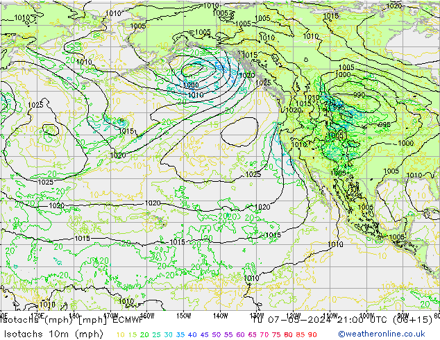 Isotachen (mph) ECMWF Di 07.05.2024 21 UTC