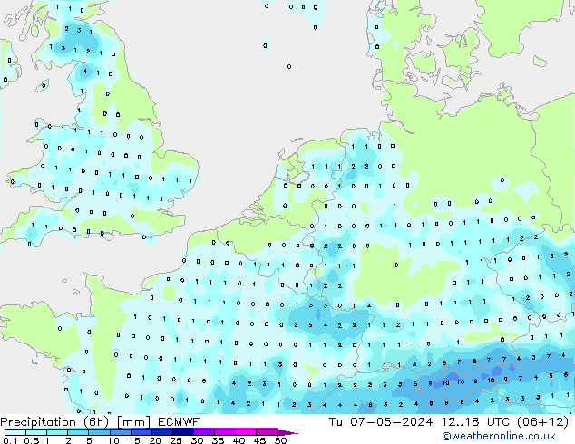 Nied. akkumuliert (6Std) ECMWF Di 07.05.2024 18 UTC