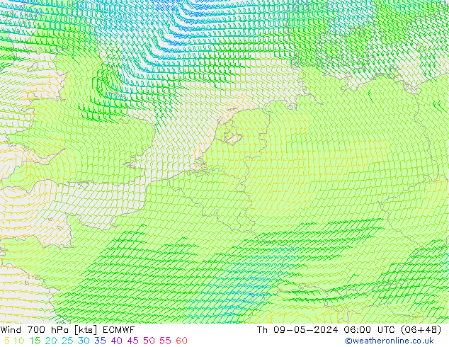 Wind 700 hPa ECMWF Do 09.05.2024 06 UTC