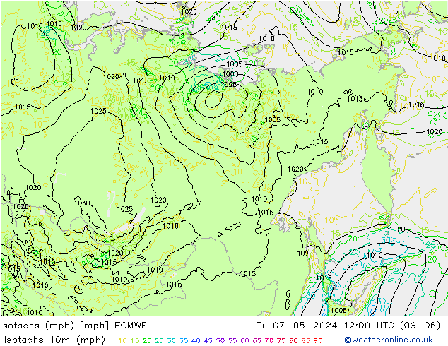 Isotachs (mph) ECMWF Tu 07.05.2024 12 UTC