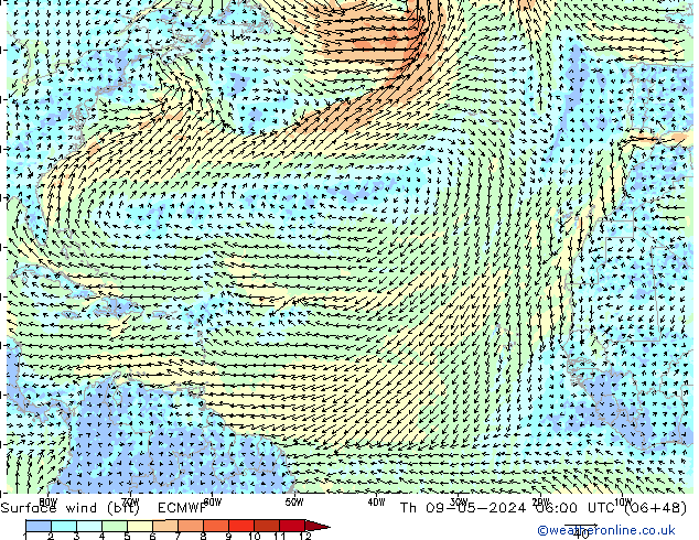 Surface wind (bft) ECMWF Th 09.05.2024 06 UTC