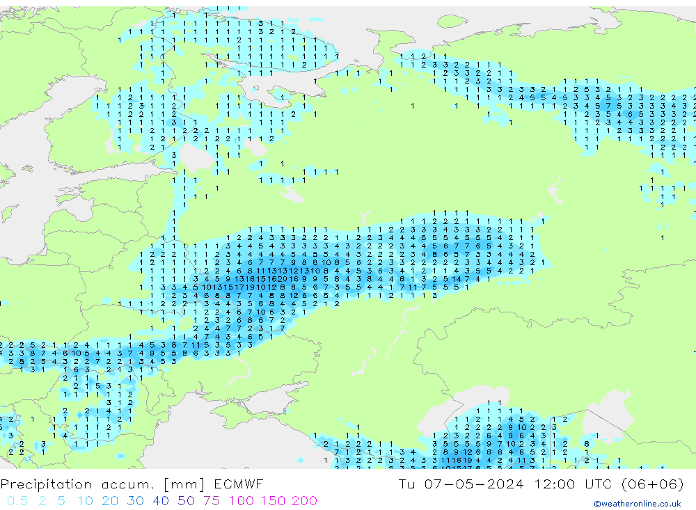 Precipitation accum. ECMWF вт 07.05.2024 12 UTC