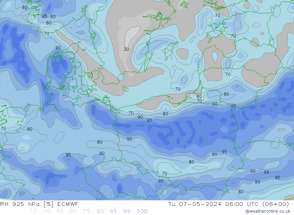 RH 925 гПа ECMWF вт 07.05.2024 06 UTC