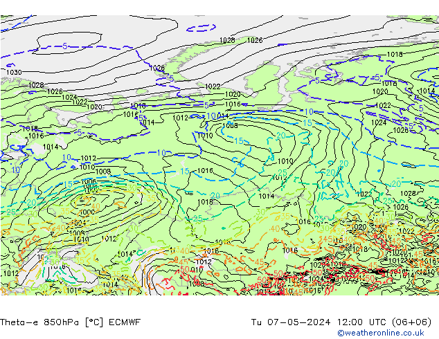 Theta-e 850hPa ECMWF Tu 07.05.2024 12 UTC