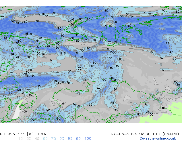 Humidité rel. 925 hPa ECMWF mar 07.05.2024 06 UTC