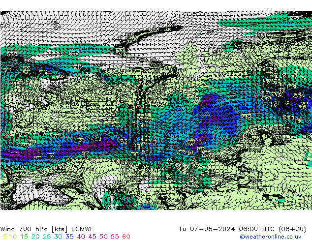 Wind 700 hPa ECMWF Tu 07.05.2024 06 UTC