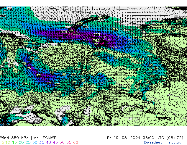 Wind 850 hPa ECMWF Fr 10.05.2024 06 UTC