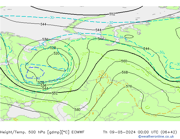 Z500/Rain (+SLP)/Z850 ECMWF czw. 09.05.2024 00 UTC