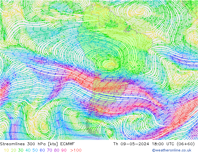 Streamlines 300 hPa ECMWF Th 09.05.2024 18 UTC