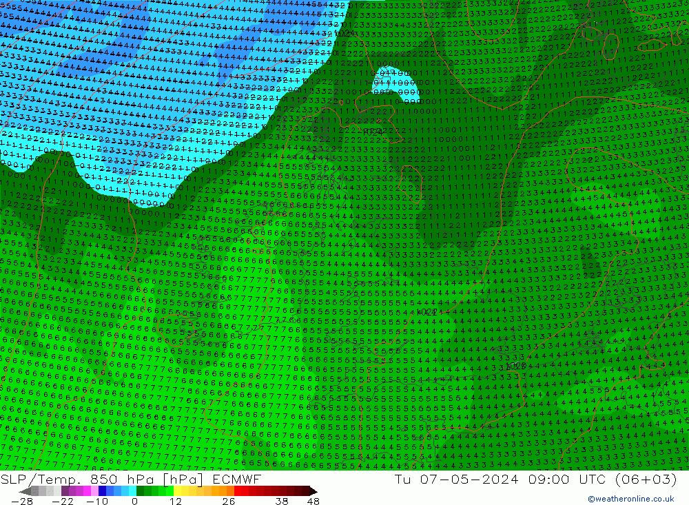 SLP/Temp. 850 hPa ECMWF di 07.05.2024 09 UTC