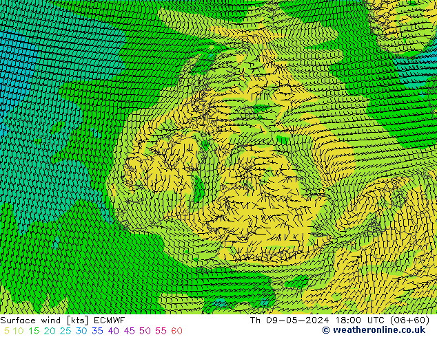 Surface wind ECMWF Čt 09.05.2024 18 UTC