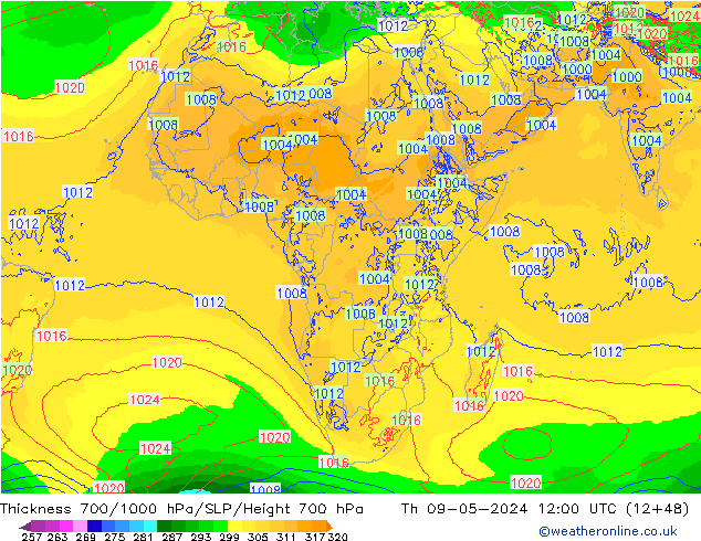 Thck 700-1000 hPa ECMWF Qui 09.05.2024 12 UTC