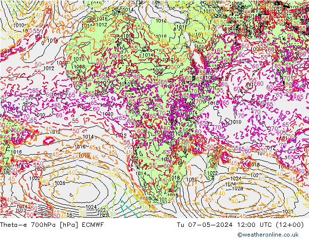 Theta-e 700hPa ECMWF mar 07.05.2024 12 UTC