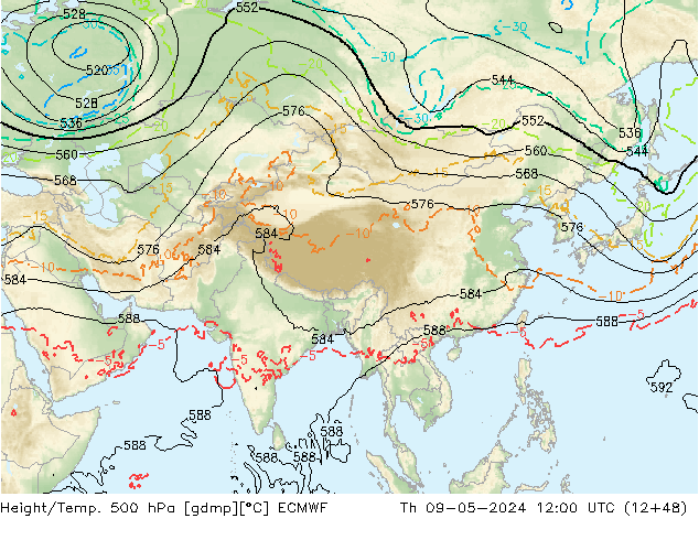 Z500/Rain (+SLP)/Z850 ECMWF gio 09.05.2024 12 UTC