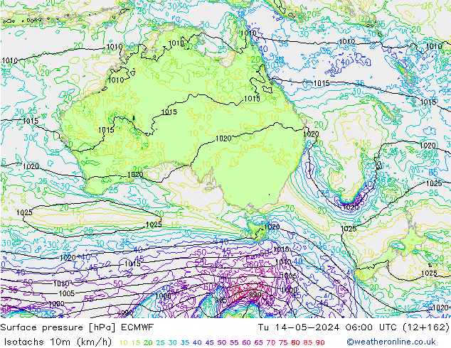 Isotachs (kph) ECMWF Tu 14.05.2024 06 UTC