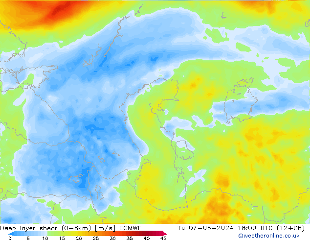 Deep layer shear (0-6km) ECMWF Tu 07.05.2024 18 UTC