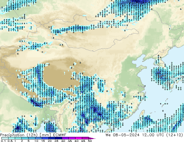降水量 (12h) ECMWF 星期三 08.05.2024 00 UTC