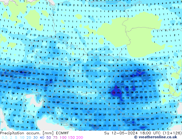 Precipitation accum. ECMWF nie. 12.05.2024 18 UTC