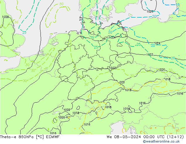 Theta-e 850hPa ECMWF Mi 08.05.2024 00 UTC