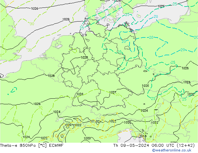 Theta-e 850hPa ECMWF gio 09.05.2024 06 UTC