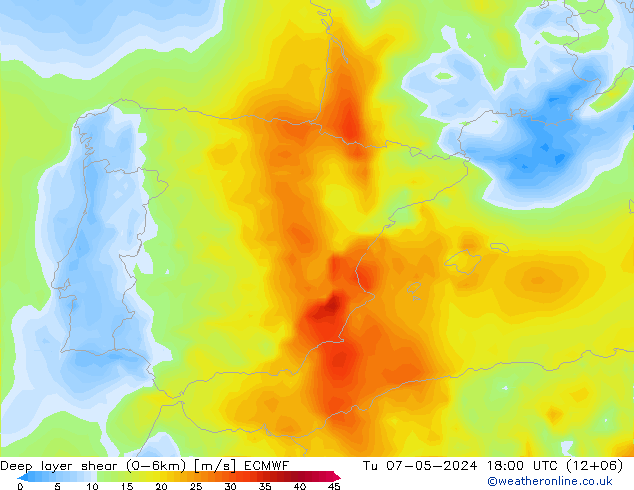 Deep layer shear (0-6km) ECMWF Tu 07.05.2024 18 UTC