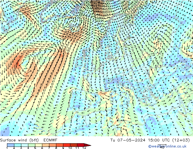 Surface wind (bft) ECMWF Tu 07.05.2024 15 UTC