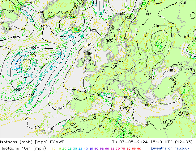 Isotachen (mph) ECMWF Di 07.05.2024 15 UTC