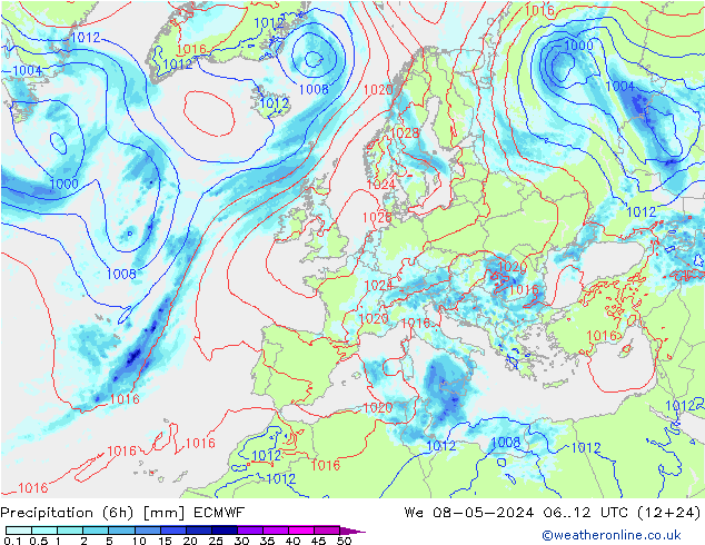 Z500/Rain (+SLP)/Z850 ECMWF Mi 08.05.2024 12 UTC