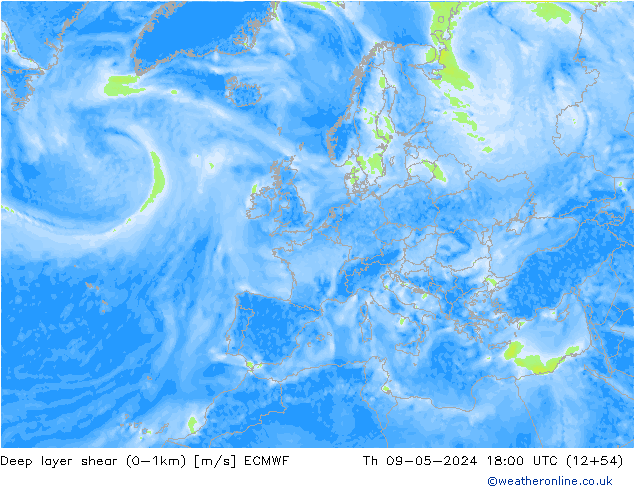 Deep layer shear (0-1km) ECMWF do 09.05.2024 18 UTC