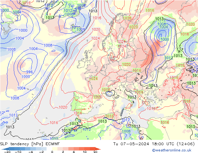 SLP tendency ECMWF Tu 07.05.2024 18 UTC