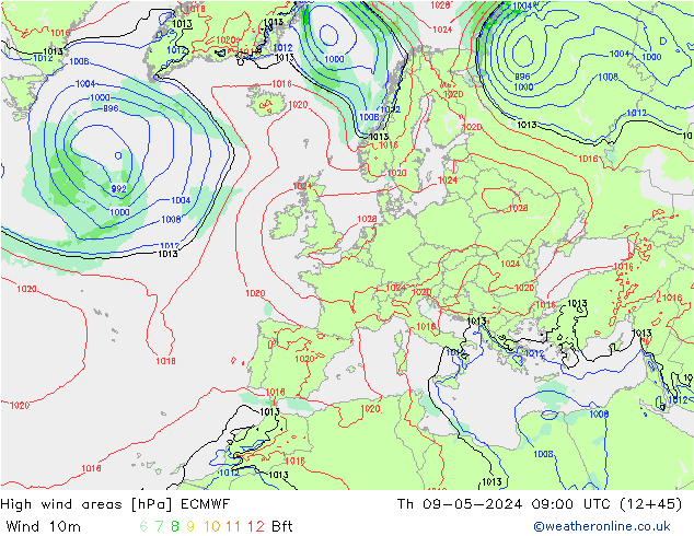 High wind areas ECMWF Čt 09.05.2024 09 UTC