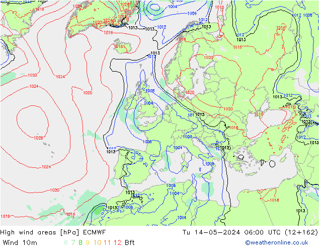 High wind areas ECMWF Út 14.05.2024 06 UTC