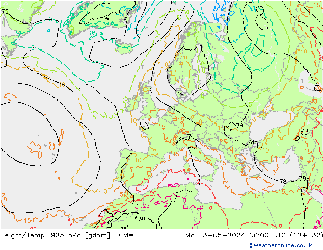 Height/Temp. 925 hPa ECMWF pon. 13.05.2024 00 UTC