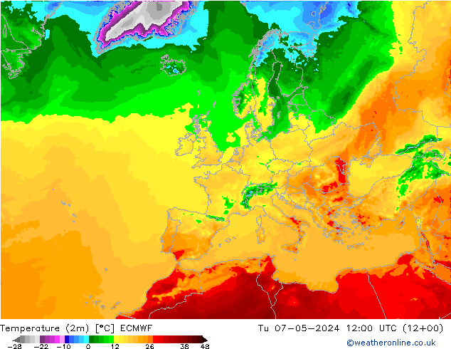 Temperature (2m) ECMWF Tu 07.05.2024 12 UTC