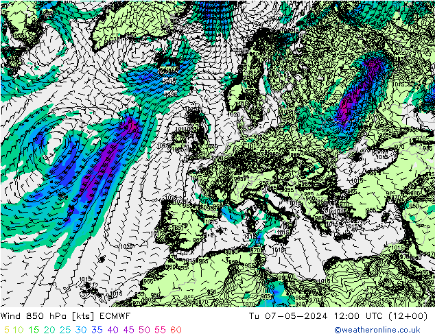 Wind 850 hPa ECMWF Di 07.05.2024 12 UTC