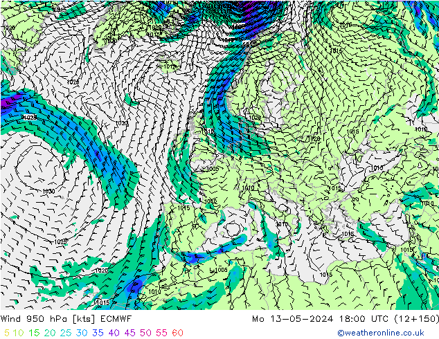 Wind 950 hPa ECMWF Po 13.05.2024 18 UTC