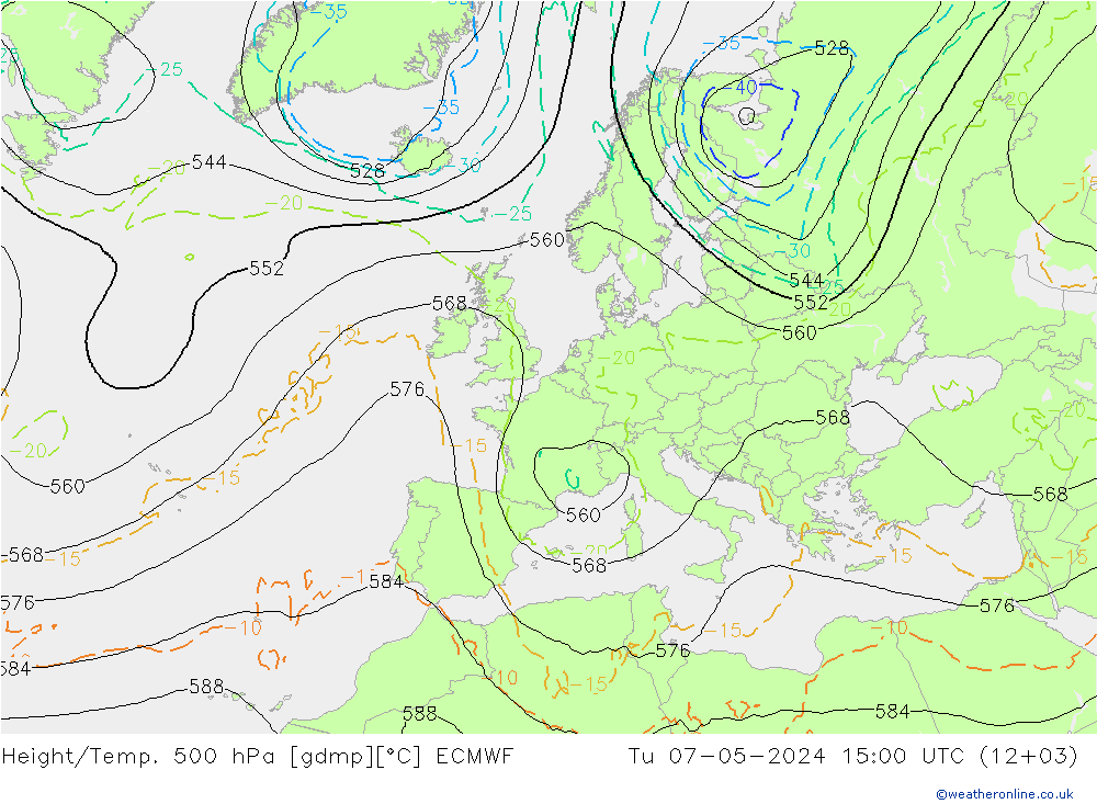 Height/Temp. 500 hPa ECMWF Di 07.05.2024 15 UTC