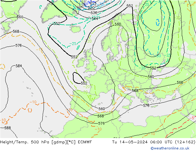 Z500/Rain (+SLP)/Z850 ECMWF Út 14.05.2024 06 UTC