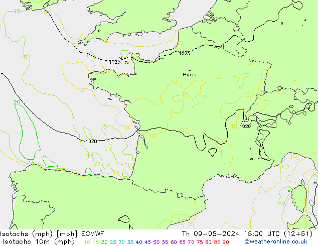 Isotachen (mph) ECMWF Do 09.05.2024 15 UTC