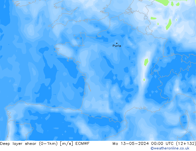 Deep layer shear (0-1km) ECMWF Mo 13.05.2024 00 UTC