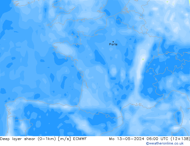 Deep layer shear (0-1km) ECMWF пн 13.05.2024 06 UTC
